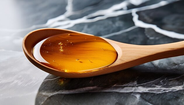 A Wooden Spoon Filled With Golden Honey Resting On A Marble Surface Perfect For Culinary Or Wellness Themed Photography