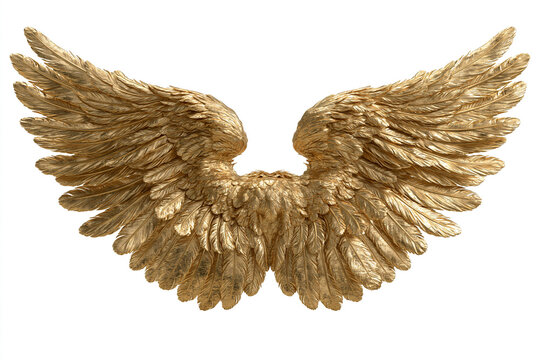  Imagem gerada por IA: Luxuosas asas de anjo douradas com detalhes met&aacute;licos, perfeitamente sim&eacute;tricas e isoladas em fundo branco.