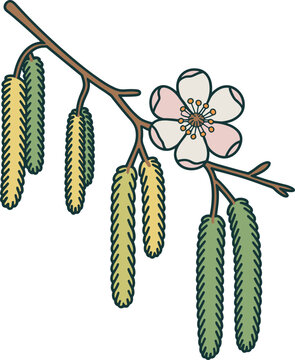 A branch with dangling catkins and a single flower vector on white background.