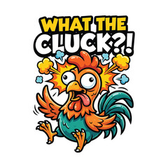 Fototapeta premium Funny What The Cluck Chicken Mascot with Explosive Typography Cartoon Vector Illustration