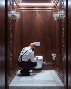 Man in formal attire with suspenders crouching in a luxury bathroom featuring polished wood walls, marble flooring, and elegant crystal lighting fixtures