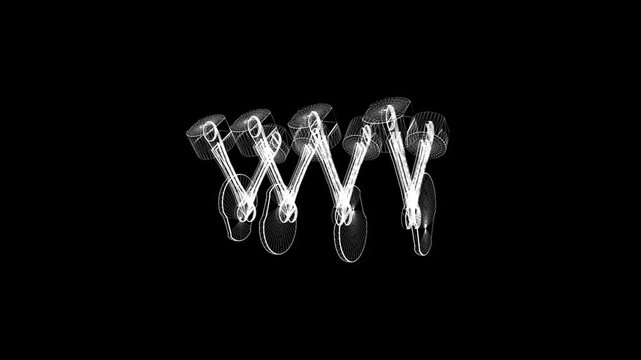 Intricate White Wireframe Engine Design on Black Background with Dynamic Motion
