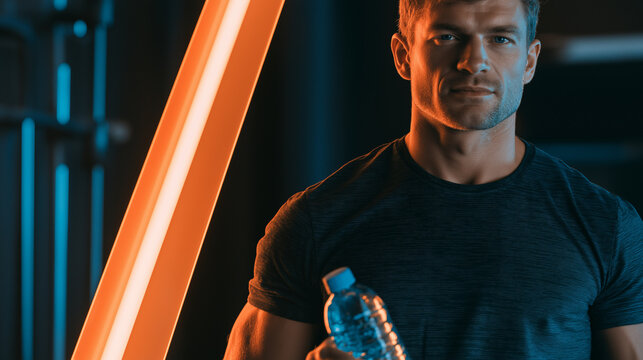 A handsome, muscular man with short brown hair and a serious expression holds a clear water bottle while standing in a gym with dramatic orange and blue lighting.