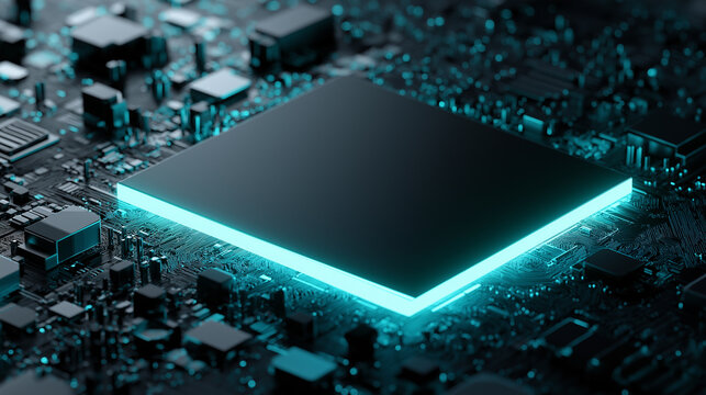 A close-up view of a dark, rectangular chip is highlighted by a radiant cyan neon border on a complex circuit board covered in small, glowing blue lights.