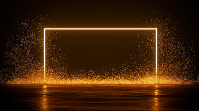 A bright orange neon rectangular frame glows with a shower of golden sparkling particles against a dark, reflective background, suggesting celebration or achievement.