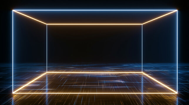 A three-dimensional rectangular frame constructed from blue and yellow neon lights stands on a digital grid floor, representing a futuristic stage or virtual space.
