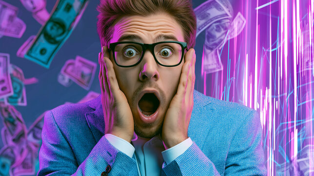 A man in a blazer, wearing glasses, gasps in disbelief with hands on his cheeks amidst a swirl of falling dollar bills and neon purple lights.