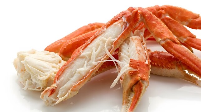 freshly steamed snow crab legs with white meat visible on white background perfect for seafood restaurants.