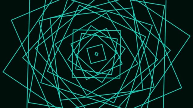 Rotating teal square outlines forming a hypnotic geometric tunnel