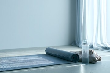Rolled yoga mat in bright minimalist home corner © Tharshan