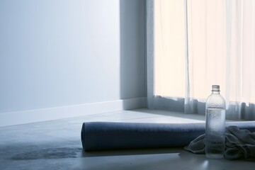 Sunlit home yoga corner with rolled mat and water bottle © Tharshan
