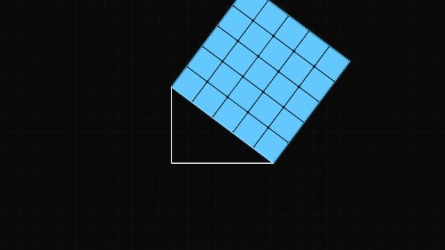 Visual Pythagorean Theorem Proof Animation: The geometric squares shift dynamically against the dark grid background.