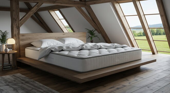 Bright attic bedroom featuring a clean mattress on a wooden frame naturally lit through a large window offering tranquil green views.. AI Generated