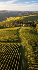 Obraz premium Aerial view of rolling vineyard hills at golden hour.