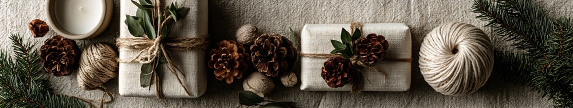 Top down minimal rustic holiday gift arrangement with wrapped presents, pine cones, eucalyptus and twine on textured linen