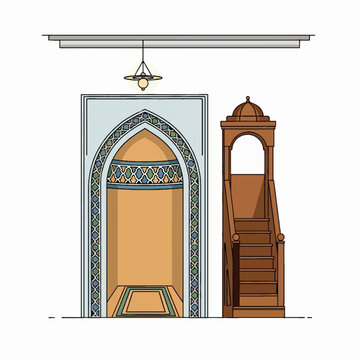 Islamic mosque interior with mihrab niche and wooden minbar vector