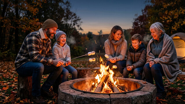 Happy multi-generational family roasting marshmallows around a campfire at sunset camping