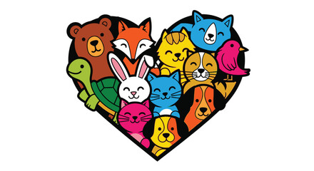 Colorful cartoon animal faces heart shape.