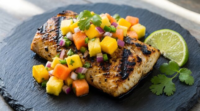 Seared fish fillet topped with fresh tropical mango and papaya salsa.