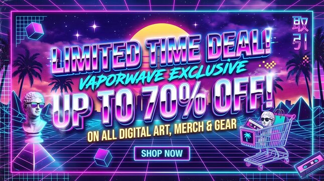 Limited time vaporwave deal banner with glossy neon typography shopping cart and classic statue wearing sunglasses isolated on retro synthwave grid landscape for digital art merchandise sales.