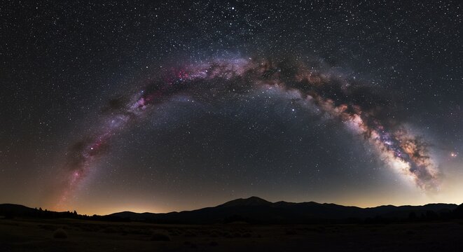 Vibrant Milky Way arch spectacularly stretches across a dark majestic night sky above silhouetted distant mountains. AI Generated