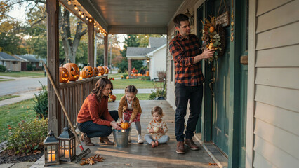 Fototapeta premium Family decorating their home for fall with pumpkins and a wreath.