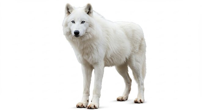 Stunning white arctic wolf with brilliant blue eyes standing alertly on a clean white background pure and striking studio shot. AI Generated
