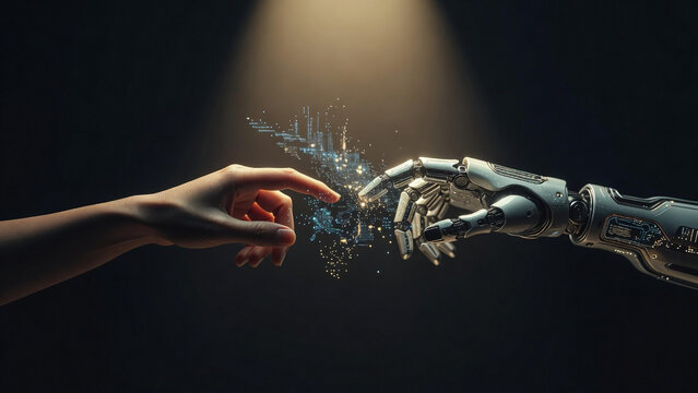 AI robot hand reaching toward human hand in dramatic gesture of connection &mdash; Artificial Intelligence Concept