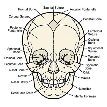Detailed anatomical diagram of infant skull bones.