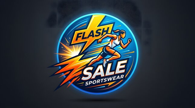 Circular logo emblem for flash sale sportswear featuring energetic female athlete running across lightning bolt background with dynamic speed lines and modern typography branding style design.