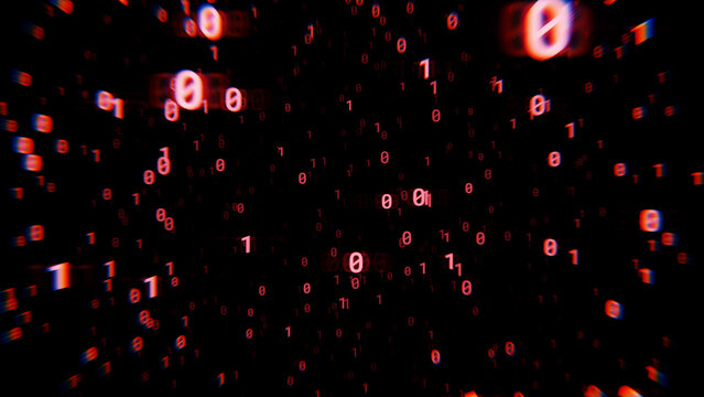 Glowing red binary digits moving through an abstract dark space, symbolizing the endless flow of digital data and the complex architecture of modern technology