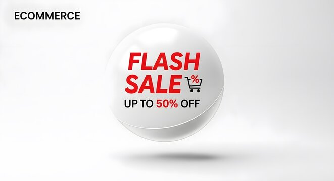 Ecommerce flash sale sphere graphic offering up to 50% off discount for limited time with shopping cart icon clean white background modern design.