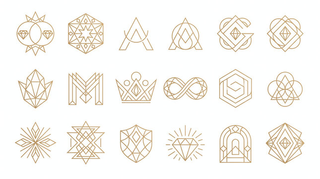 A grid layout showing fifteen elegant thin-line geometric vector logos in gold color over a clean white background, depicting crowns, crystals, alphabets, and sacred shapes.