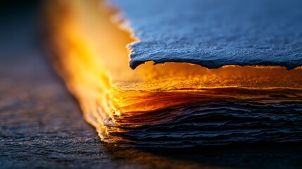 Fototapeta premium Hand-torn mulberry paper sheets in indigo and amber tones