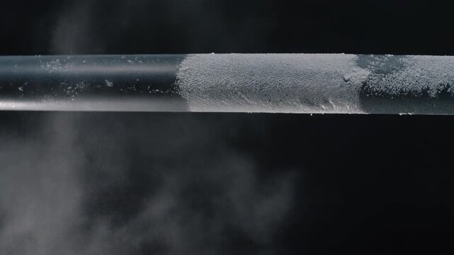 Macro static shot of chalk dust floating past a steel pull up bar in a dark gym
