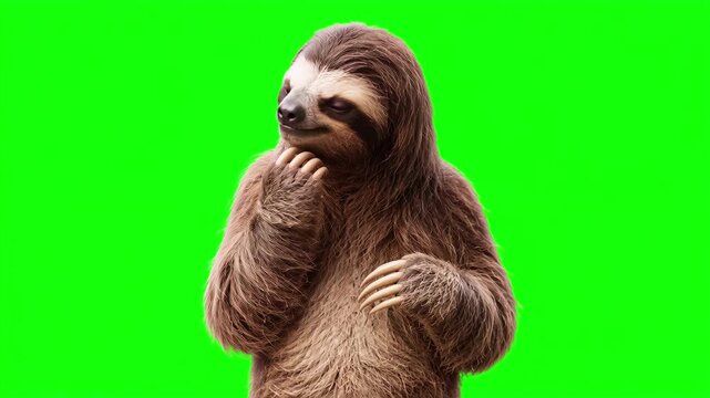 Realistic sloth touching chin and thinking, thoughtful problem solving and business strategy concept isolated on chroma key green screen background. 3D.