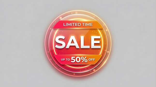Limited time sale promotion badge featuring glowing gold and red circular frame with realistic glossy texture and central text overlay isolated on light gray background for marketing web display.