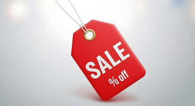 Red sale tag with white text percentage off and string on a light gray background with soft bokeh.