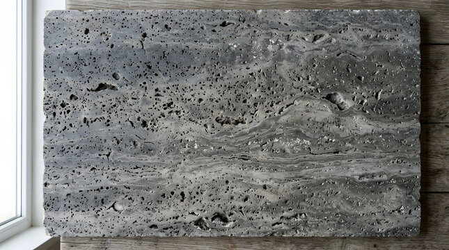 Placa retangular de pedra travertino cinza com textura natural porosa em parede