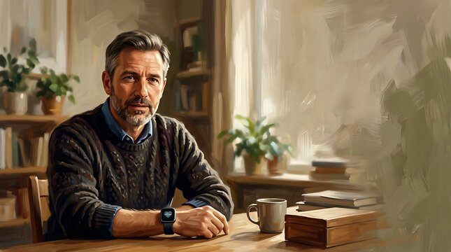 Oil painting of a mature man with a beard sitting at a wooden desk in a sunlit study, wearing a dark cable-knit sweater and a smartwatch featuring a digital heart rate monitor icon.
