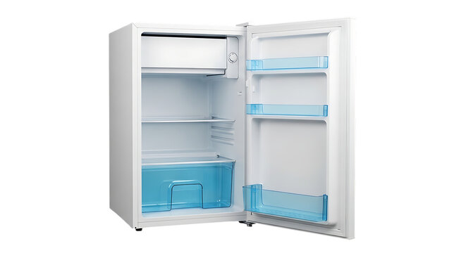 Open white refrigerator with empty shelves and blue crisper drawers on transparent background fridge cooler appliance kitchen household