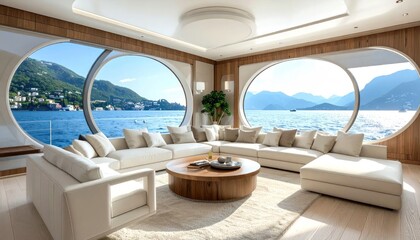 Fototapeta premium Luxurious living room with curved windows offering stunning lake and mountain views