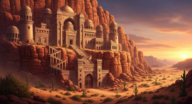 Ancient Cliffside Temple in Desert Landscape at Sunset.