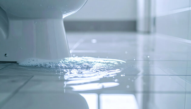 White toilet bowl overflowing with water leaking onto a tiled bathroom floor causing a major domestic plumbing emergency disaster