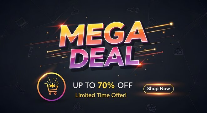 Mega deal marketing banner with up to 70% off promotion, limited time offer, shop now button, and sparkling effect on dark background.