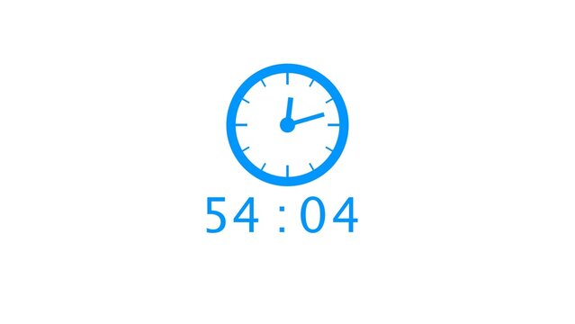 Digital clock displays fifty four minutes and four seconds with animated hands on white.