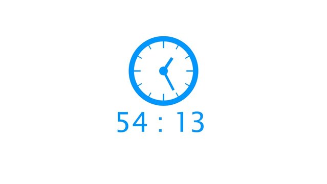 Digital timer displays fifty four minutes and thirteen seconds with animated hands on white.