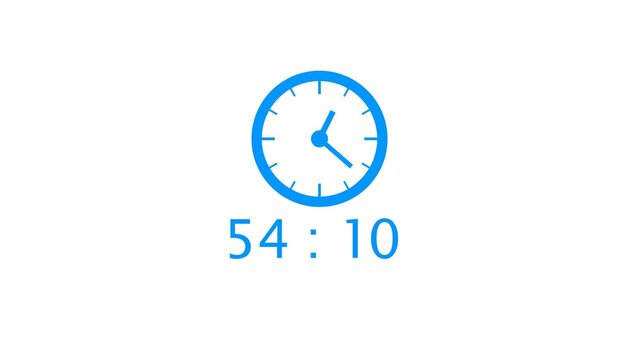 Animated blue digital clock indicating fifty four minutes and ten seconds on white screen.