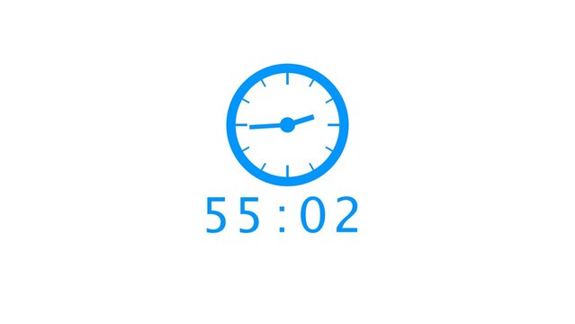 Cyan blue analog clock icon moving forward with digital counter showing fifty five minutes.