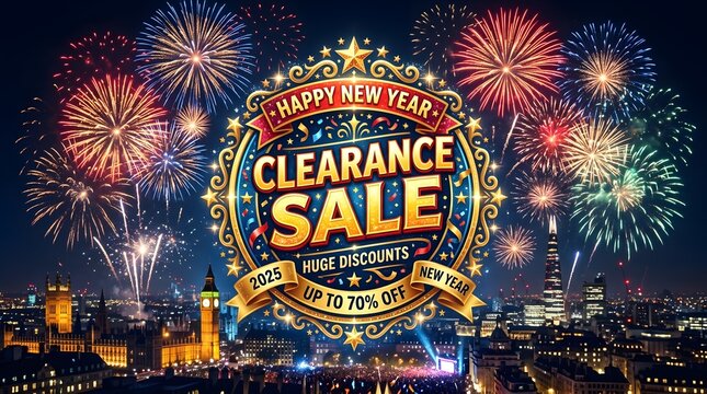 Happy new year clearance sale promotional graphic for 2025 featuring ornate gold circular badge over illuminated London cityscape with spectacular fireworks exploding in dark night horizon.